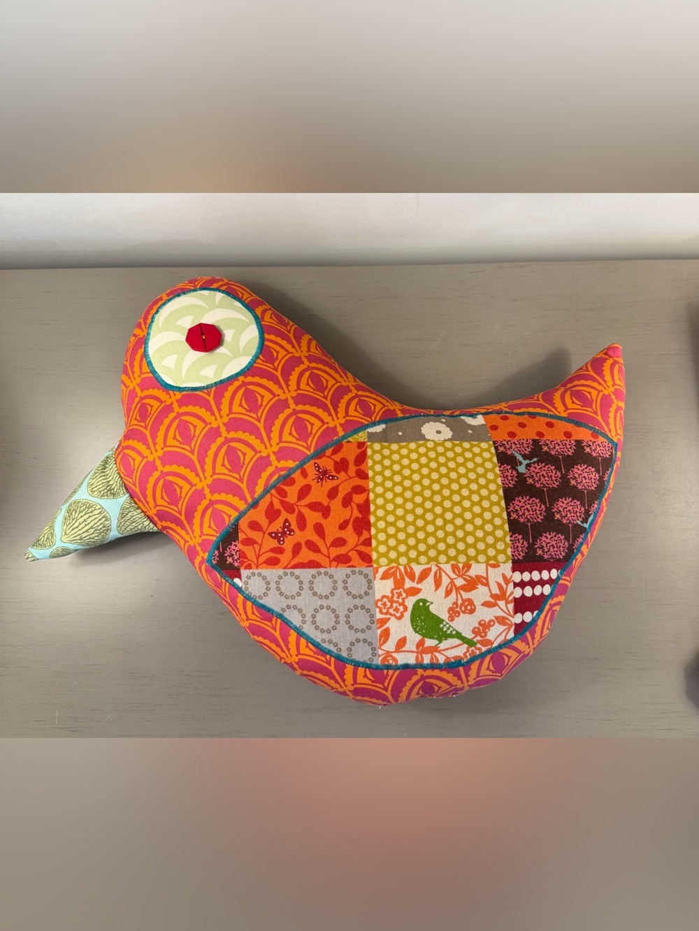 Handmade Patchwork Bird Accent Pillow Boho Folk Art Whimsical Bird Button Eye